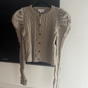 Something Navy tan cable puff sleeve shoulder cardigan, size XS
